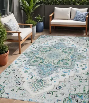 5' X 8' Silver Ivory And Green Oriental Washable Indoor Outdoor Area Rug