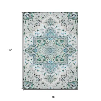 8' X 10' Silver Ivory And Green Oriental Washable Indoor Outdoor Area Rug