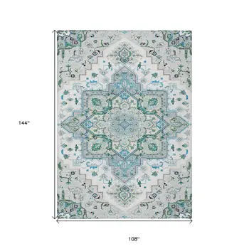 9' X 12' Silver Ivory And Green Oriental Washable Indoor Outdoor Area Rug