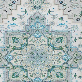 9' X 12' Silver Ivory And Green Oriental Washable Indoor Outdoor Area Rug