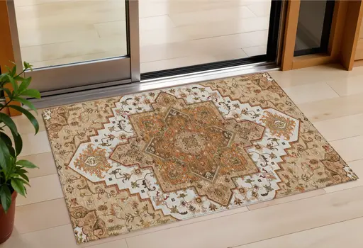 3' X 5' Terra Cotta Beige And Brown Oriental Washable Indoor Outdoor Area Rug