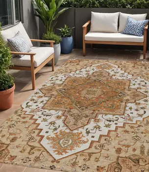 5' X 8' Terra Cotta Beige And Brown Oriental Washable Indoor Outdoor Area Rug
