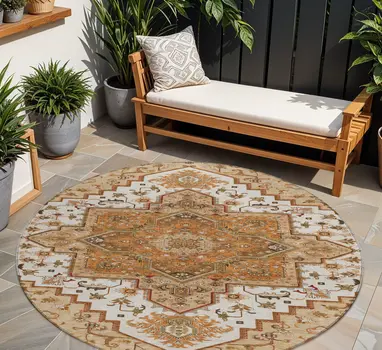 8' Terra Cotta Beige And Brown Round Oriental Washable Indoor Outdoor Area Rug