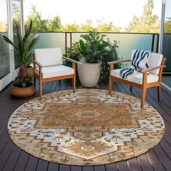 8' Terra Cotta Beige And Brown Round Oriental Washable Indoor Outdoor Area Rug