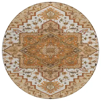 8' Terra Cotta Beige And Brown Round Oriental Washable Indoor Outdoor Area Rug