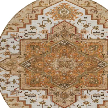 8' Terra Cotta Beige And Brown Round Oriental Washable Indoor Outdoor Area Rug