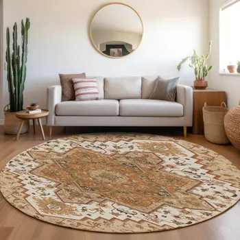 8' Terra Cotta Beige And Brown Round Oriental Washable Indoor Outdoor Area Rug
