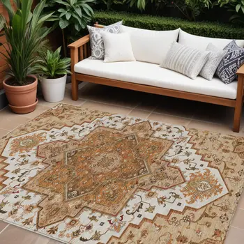 9' X 12' Terra Cotta Beige And Brown Oriental Washable Indoor Outdoor Area Rug
