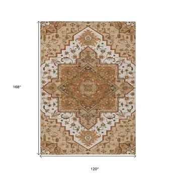 10' X 14' Terra Cotta Beige And Brown Oriental Washable Indoor Outdoor Area Rug