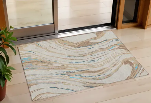 3' X 5' Beige Teal Blue And Ivory Abstract Washable Indoor Outdoor Area Rug
