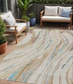 5' X 8' Beige Teal Blue And Ivory Abstract Washable Indoor Outdoor Area Rug