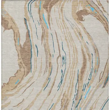 5' X 8' Beige Teal Blue And Ivory Abstract Washable Indoor Outdoor Area Rug
