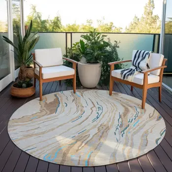 8' Beige Teal Blue And Ivory Round Abstract Washable Indoor Outdoor Area Rug