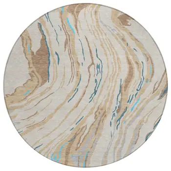 8' Beige Teal Blue And Ivory Round Abstract Washable Indoor Outdoor Area Rug