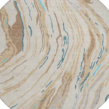 8' Beige Teal Blue And Ivory Round Abstract Washable Indoor Outdoor Area Rug