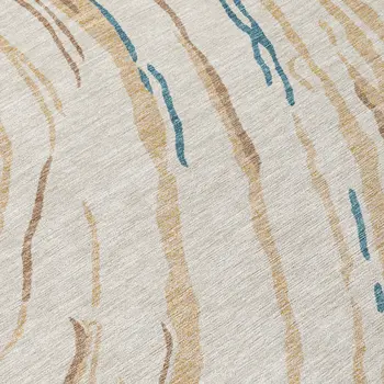 8' Beige Teal Blue And Ivory Round Abstract Washable Indoor Outdoor Area Rug