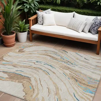 8' X 10' Beige Teal Blue And Ivory Abstract Washable Indoor Outdoor Area Rug