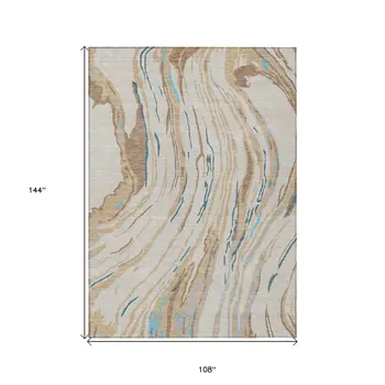 9' X 12' Beige Teal Blue And Ivory Abstract Washable Indoor Outdoor Area Rug