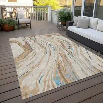 10' X 14' Beige Teal Blue And Ivory Abstract Washable Indoor Outdoor Area Rug