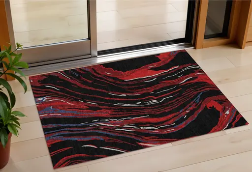 3' X 5' Black Red And Gray Abstract Washable Indoor Outdoor Area Rug