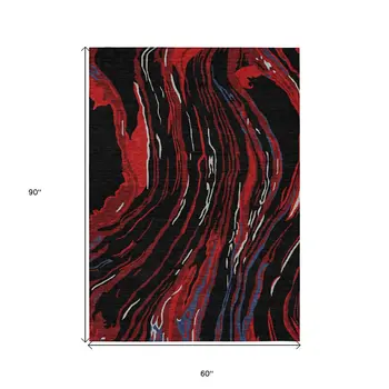 5' X 8' Black Red And Gray Abstract Washable Indoor Outdoor Area Rug