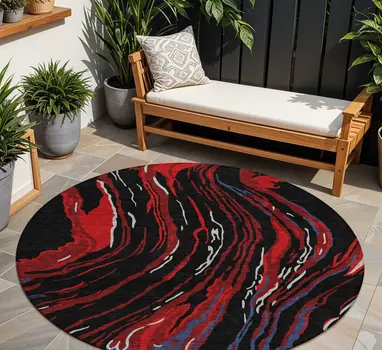 8' Black Red And Gray Round Abstract Washable Indoor Outdoor Area Rug