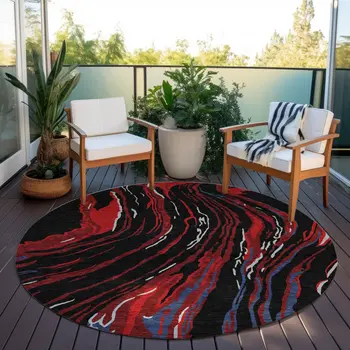 8' Black Red And Gray Round Abstract Washable Indoor Outdoor Area Rug