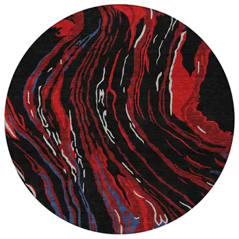 8' Black Red And Gray Round Abstract Washable Indoor Outdoor Area Rug