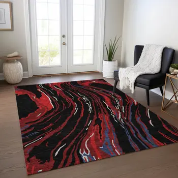 8' X 10' Black Red And Gray Abstract Washable Indoor Outdoor Area Rug