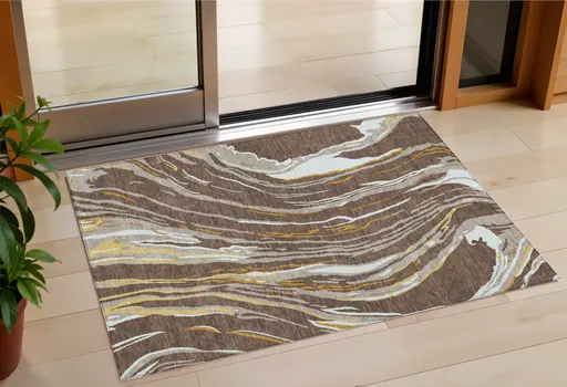 3' X 5' Brown Beige And Ivory Abstract Washable Indoor Outdoor Area Rug