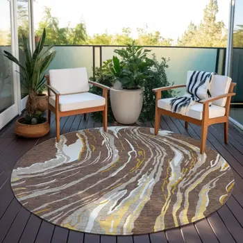 8' Brown Beige And Ivory Round Abstract Washable Indoor Outdoor Area Rug