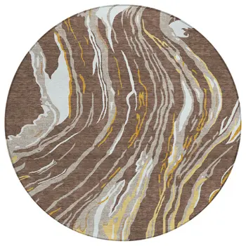 8' Brown Beige And Ivory Round Abstract Washable Indoor Outdoor Area Rug