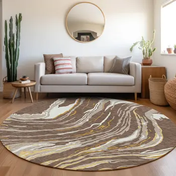 8' Brown Beige And Ivory Round Abstract Washable Indoor Outdoor Area Rug