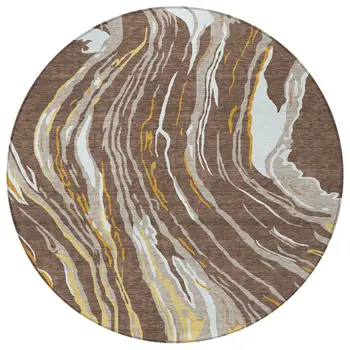 8' Brown Beige And Ivory Round Abstract Washable Indoor Outdoor Area Rug