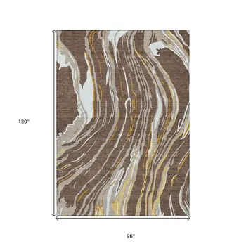 8' X 10' Brown Beige And Ivory Abstract Washable Indoor Outdoor Area Rug
