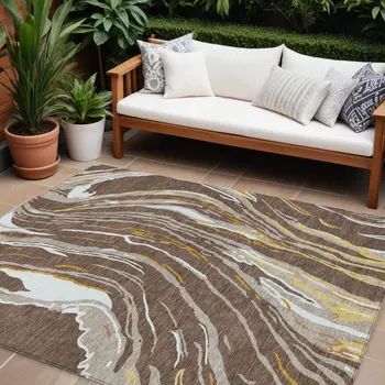 9' X 12' Brown Beige And Ivory Abstract Washable Indoor Outdoor Area Rug