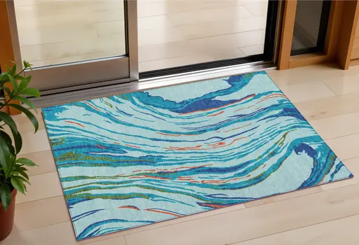 3' X 5' Blue Pink And Green Abstract Washable Indoor Outdoor Area Rug