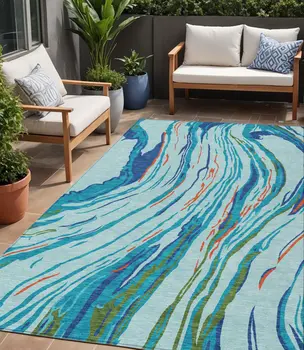 5' X 8' Blue Pink And Green Abstract Washable Indoor Outdoor Area Rug
