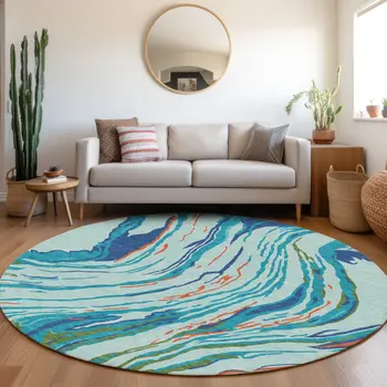 8' Blue Pink And Green Round Abstract Washable Indoor Outdoor Area Rug