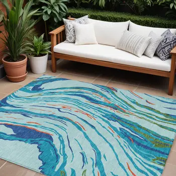 8' X 10' Blue Pink And Green Abstract Washable Indoor Outdoor Area Rug