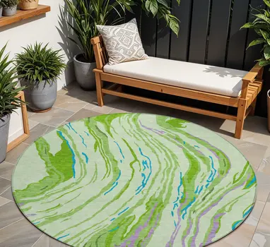 8' Green Teal Blue And Purple Round Abstract Washable Indoor Outdoor Area Rug