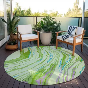 8' Green Teal Blue And Purple Round Abstract Washable Indoor Outdoor Area Rug