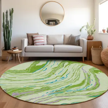 8' Green Teal Blue And Purple Round Abstract Washable Indoor Outdoor Area Rug