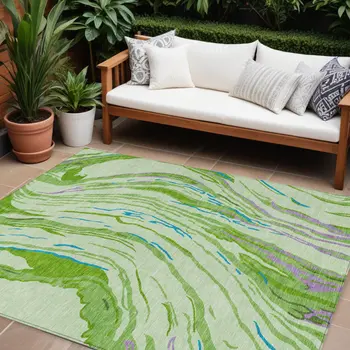9' X 12' Green Teal Blue And Purple Abstract Washable Indoor Outdoor Area Rug
