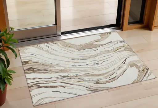 3' X 5' Ivory Beige And Brown Abstract Washable Indoor Outdoor Area Rug