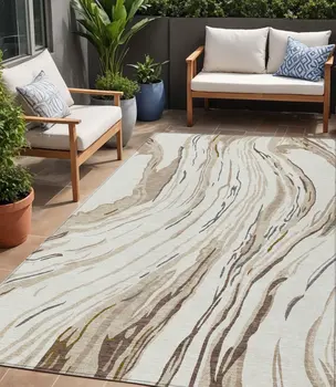 5' X 8' Ivory Beige And Brown Abstract Washable Indoor Outdoor Area Rug