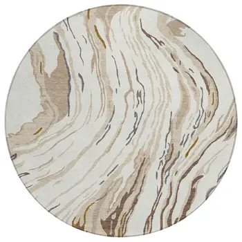 8' Ivory Beige And Brown Round Abstract Washable Indoor Outdoor Area Rug