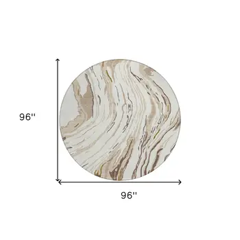 8' Ivory Beige And Brown Round Abstract Washable Indoor Outdoor Area Rug
