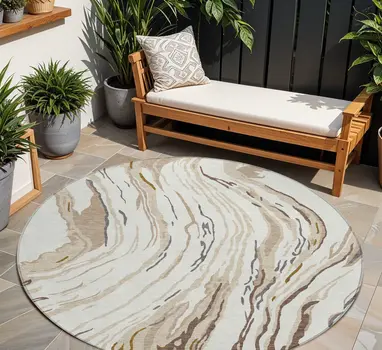 8' Ivory Beige And Brown Round Abstract Washable Indoor Outdoor Area Rug