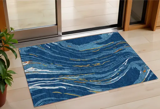 3' X 5' Navy Blue Gold And Copper Abstract Washable Indoor Outdoor Area Rug